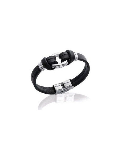 Bracelet Pour Homme En Cuir Et Acier Inoxydable - Noir Avec Zirconium - Longueur 21 Cm - Neuf Avec étiquettes