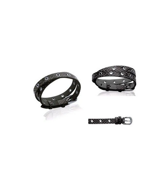 Bracelet deux tours lacet plat en cuir noir et oeillets d'acier-1