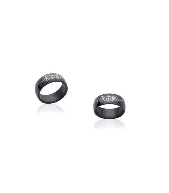 Bague homme acier ruthénium noir bombée tribal-1