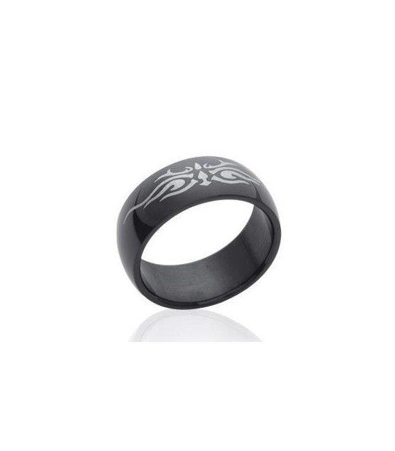 Bague homme acier ruthénium noir bombée tribal-2