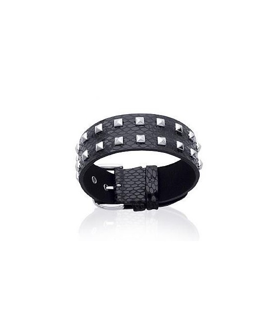 Beau bracelet homme cuir noir clouté d'acier-2