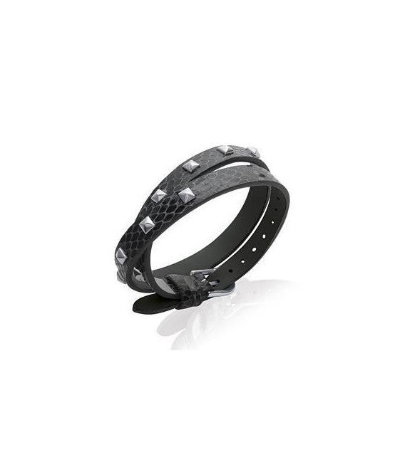 Bracelet lacet en cuir plat noir et clouté acier-2