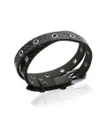 Bracelet deux tours lacet plat en cuir noir et oeillets d'acier