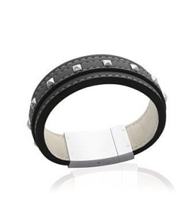 Beau bracelet de cuir noir superposition de cuir surpiqué clouté