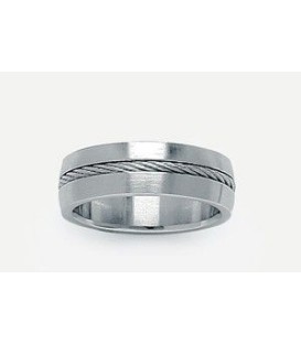 Bague acier homme anneau bombé avec cable torsadé au centre-1