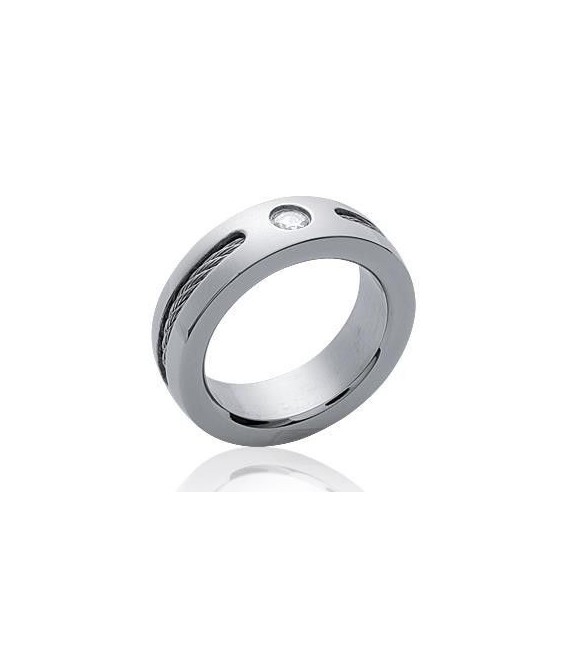 Bague acier homme anneau légèrement bombé cable torsadé centre zirconium-1