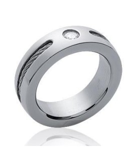 Bague acier homme anneau légèrement bombé cable torsadé centre zirconium-1