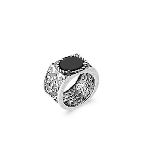 Grosse bague chevalière argent massif agate noire design original-1