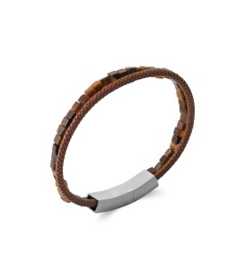 Bracelet double cuir tressée brun et sur fil d'acier pierre oeil du tigre