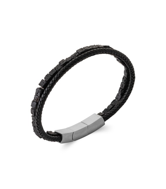Bracelet double tresse de cuir noir et pierre de lave noire fermoir acier
