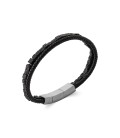 Bracelet double tresse de cuir noir et pierre de lave noire fermoir acier