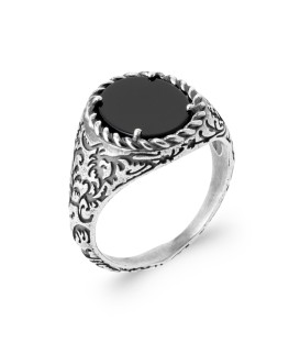 Bague argent massif anneau incrustée d'une AGATE noire QUANTUM 925