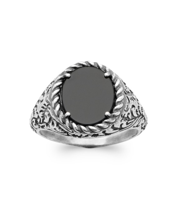 Bague argent massif anneau incrustée d'une AGATE noire QUANTUM 925
